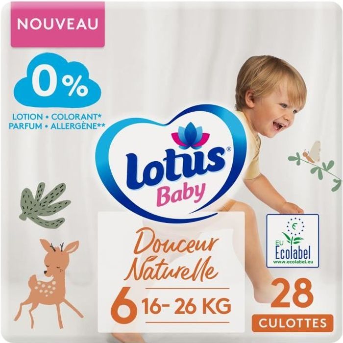 LOT DE 5 - LOTUS BABY Couches culottes bébé taille 6 : 16 - 26kg douceur naturelle - paquet de 28 couches