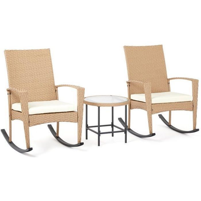Ensemble Meuble de Jardin en Rotin , Fauteuils à Bascule avec Table Basse, Exterieur, Beige - Mondeer
