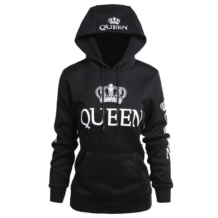 Couple Femme Homme Pull Chandail Capuchon Imprimé Couronne KING QUEEN Sweatshirt
