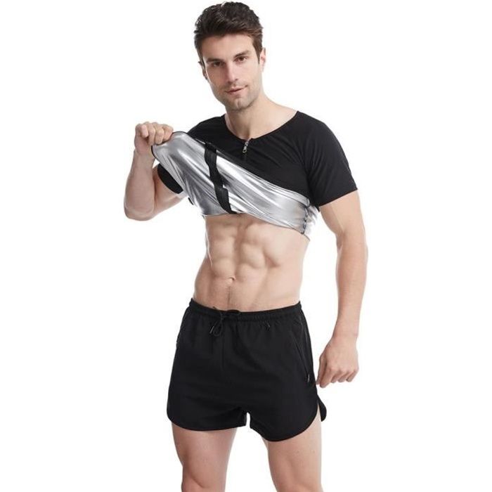 T-Shirt de Sudation pour Homme Gilet Zippé de Minceur Fitness T-Shirt Effet Sauna Sport Body Shaper Sudation Revêtement Argent