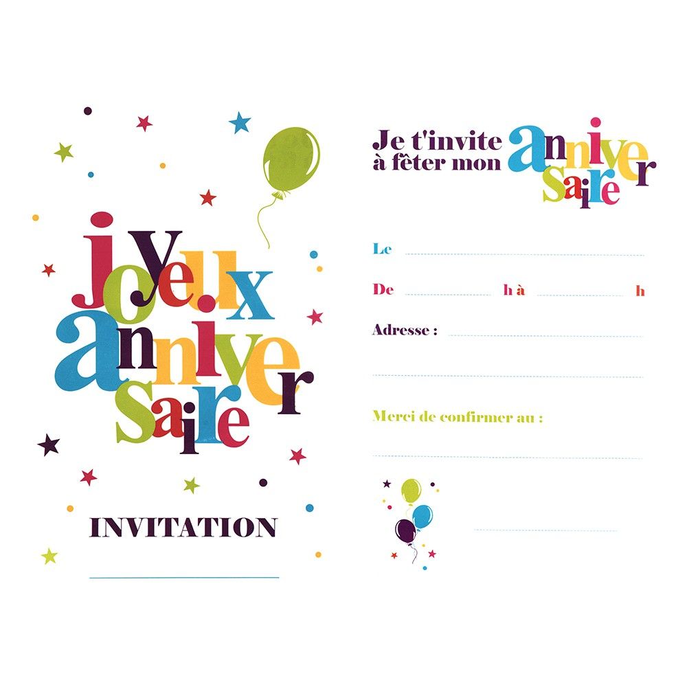 Cartes d'invitation Joyeux Anniversaire Festif x6 Multicolor