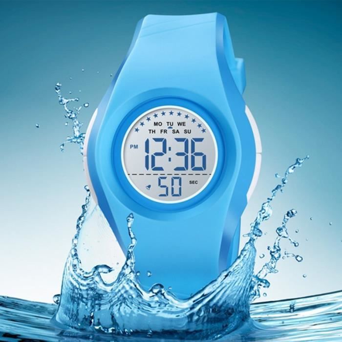 Montre Enfant Fille pas cher marque bracelet numérique chronomètre garcons sport étanche affichage lumineux Bleu