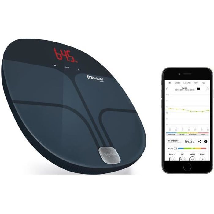 TERRAILLON 13655 Balance impédancemètre connectée - Bluetooth - Plateau en verre 33 x 34,8 cm - Noir