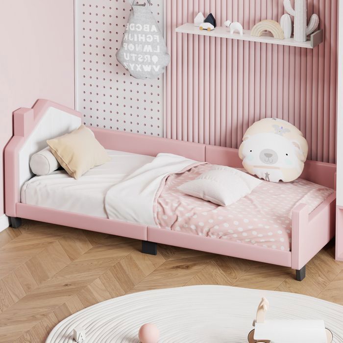 lit capitonné 90 x 200 cm, lit enfant, canapé-lit en similicuir avec tête et pied de lit, sommier à lattes, rose