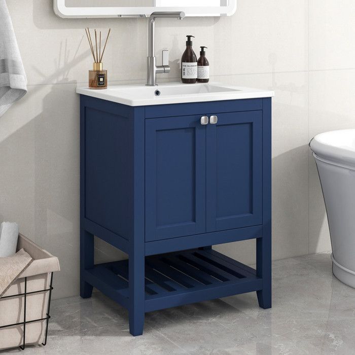 meuble de salle de bain avec une vasque en céramique - 2 portes et étagère en bas - bleu(robinet non inclus) - bleu