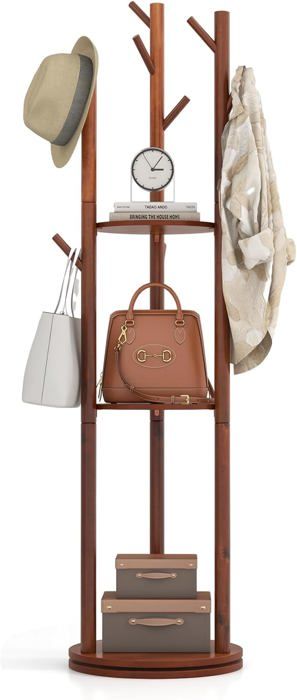 GOPLUS Porte-Manteau Sur Pieds 42x167CM Rotatif à 360° - 3 Etagères de Rangement/9 Crochets Charge 35+10KG pour Salon/Entrée