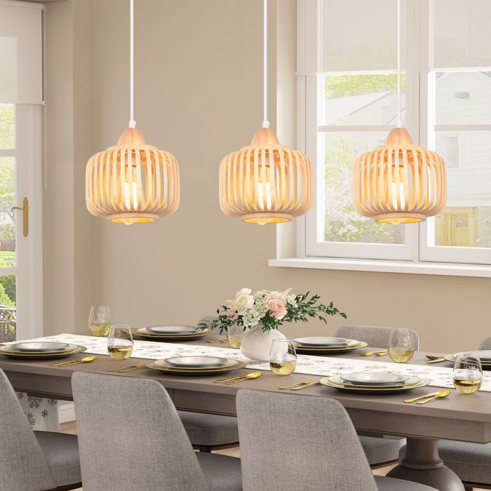 Lustre Suspension - IDEGU - Vintage - Métal Bois - E27 - 3 Ampoules - Blanc - Maison