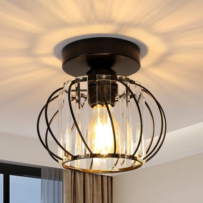 WOTTES Plafonnier en Cristal Moderne E27 LED Plafonnier Mini Lustre en Cristal pour Cuisine Couloir Entrée 1PCS Ø18CM Noir