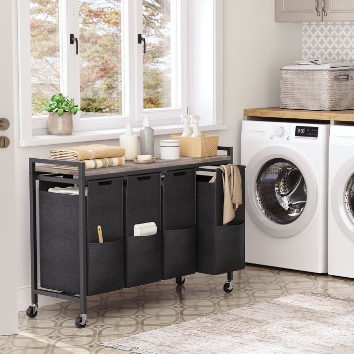 HOOBRO Panier à Linge Corbeille à Linge Sale Rangement 4 Compartiments 4 x 398 L Étagère 4 Sacs en Tissu Oxford Amovibles