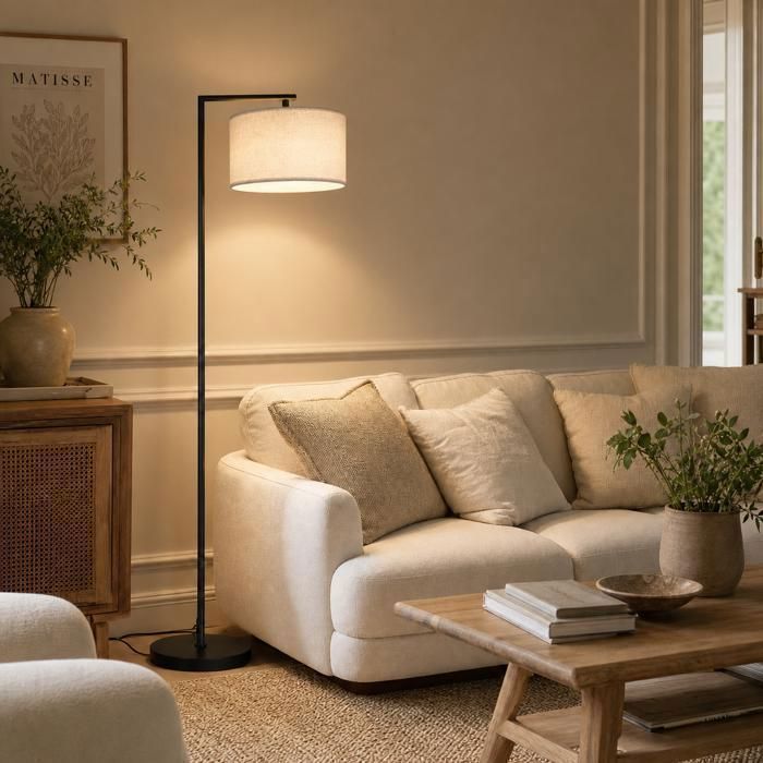 Lampadaire arc beige style scandinave NETTLIFE – E27 Lampe sur pied salon avec abat-jour tissu pour ambiance chaleureuse