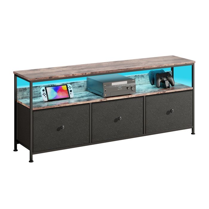 RAVAS Meuble TV avec LED 3 tiroirs 137 x 30 x 57 cm Cadre en Acier Armoire de Télévision Meuble Télé de Salon Noir