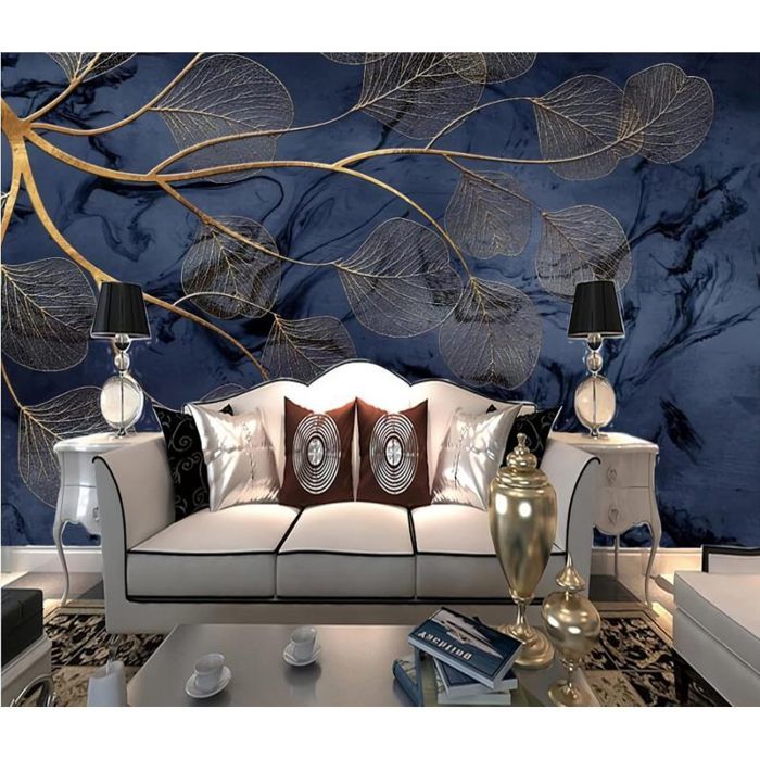Fresque Murale Papier Peint 3D Feuilles DOr Fond DArt Bleu Branches ...