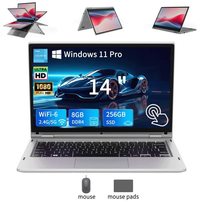 PC portable 14 – Intel N4000 (jusquà 30 GHz) – 8 Go DDR4 RAM 256 Go SSD – Windows 11PRO – Écran orientable à 360° – Écran