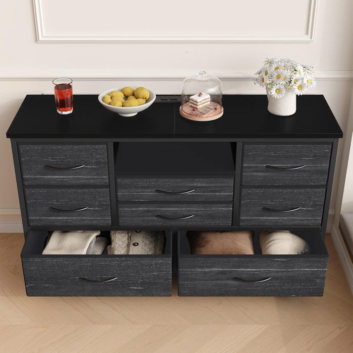 Commode meuble TV - PROMIRACAL - PROMIRACAL - 8 tiroirs (3 tailles) - LED RGB - 3 prises CA & 2 USB - 120x75 cm