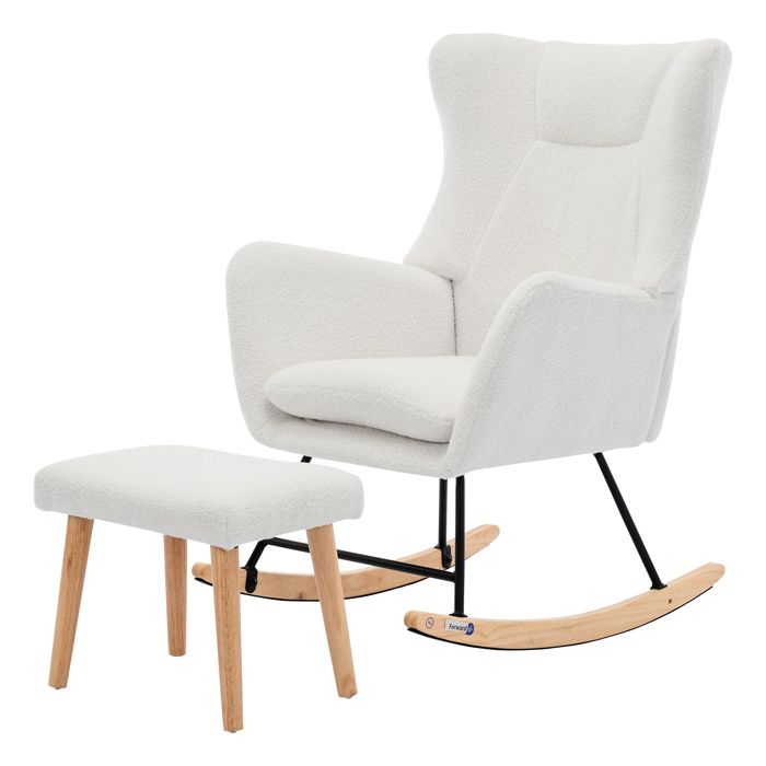 HOMCOM Fauteuil à Bascule Fauteuil Allaitement Relax Salon Avec Repose-Pieds Réglable, Poche Latérale Et Appui-tête, Rocking Chair Pour Chambre, 67 X 110 X 91 Cm Crème