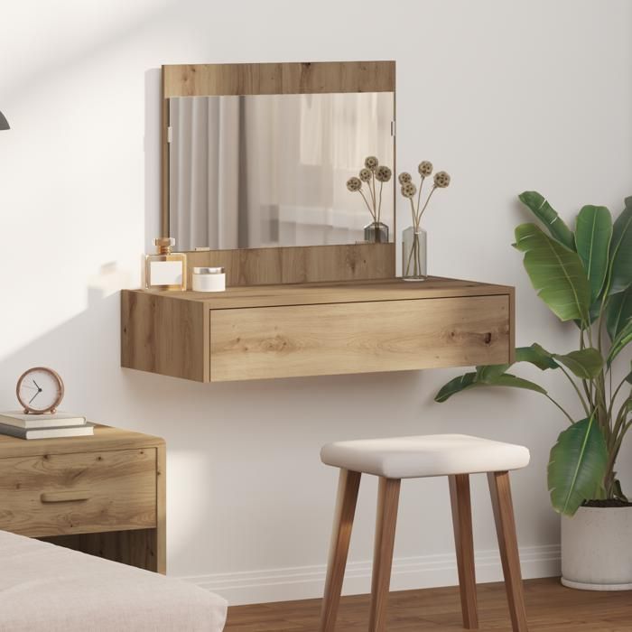 Coiffeuse murale en chêne - vidaxl - 83x40x70 cm - Marron - Bois massif - Finition mat - Tiroir à fermeture douce