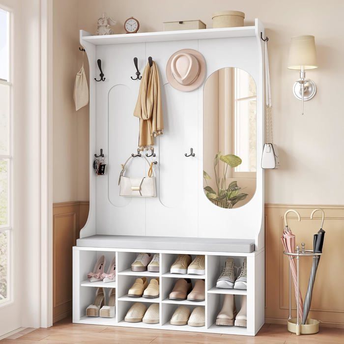 Porte-manteau avec Banc à Chaussures Meuble dentrée avec Miroir 10 Crochets Étagères Réglables pour Couloir Séjour Blanc