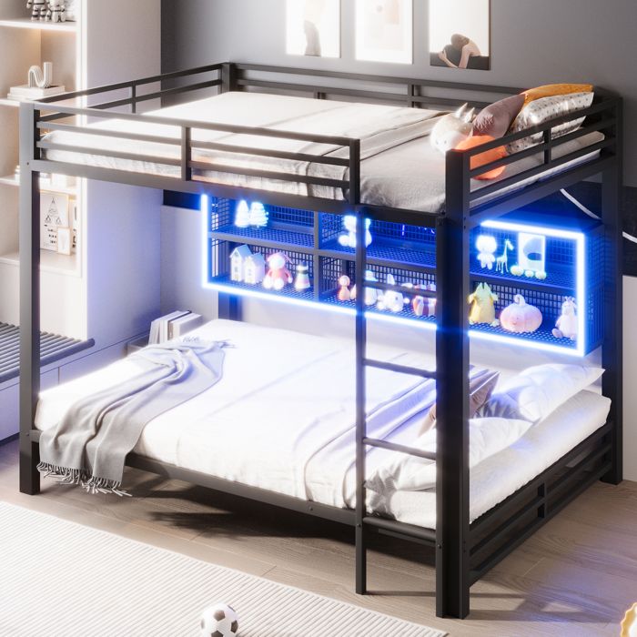 Lit superposé adulte 140x200 cm avec rangements LED et étagères structure Métal Noir