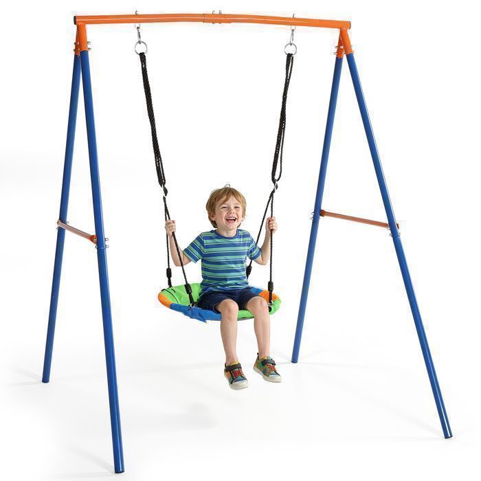 LALAHO-Portique avec Balançoire Nid dOiseau Ronde Ø60CM pour Enfant 130 x 170 x 180 cm bleu et orange