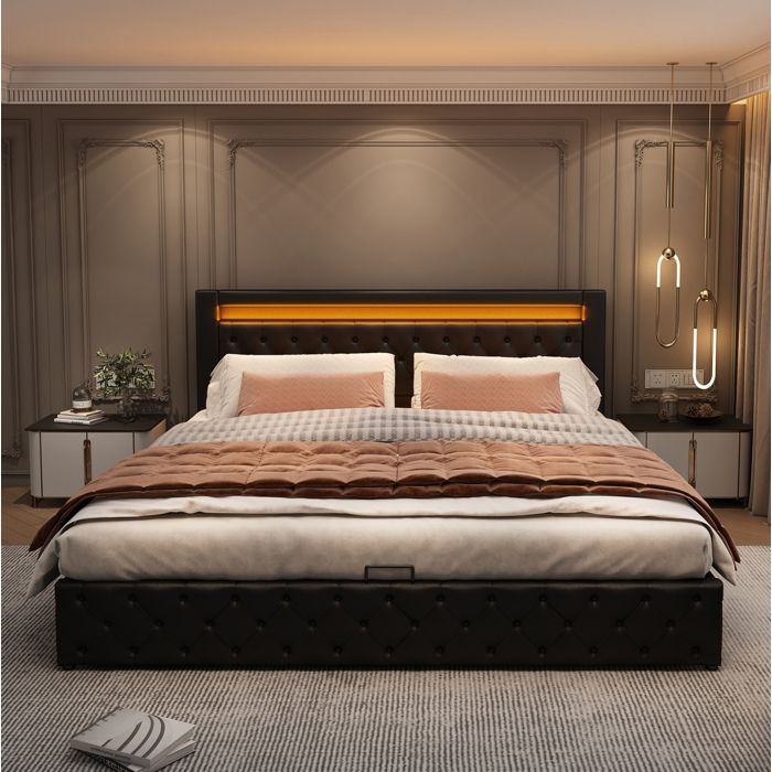 Lit rembourré noir 140 × 200 avec LED coffre de rangement et sommier sans matelas