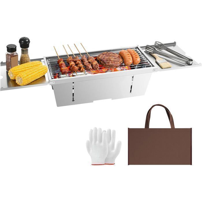 UTEN Barbecue Charbon Pliable Portable InoxGrill BBQ Camping Pique-Nique Jardin Extérieur 78x215 cm avec Sac et Gants