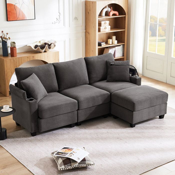 Canapé dangle 3 places Canapé modulable en velours côtelé avec pouf rangement support de téléphone ports USB 2 coussins - gris