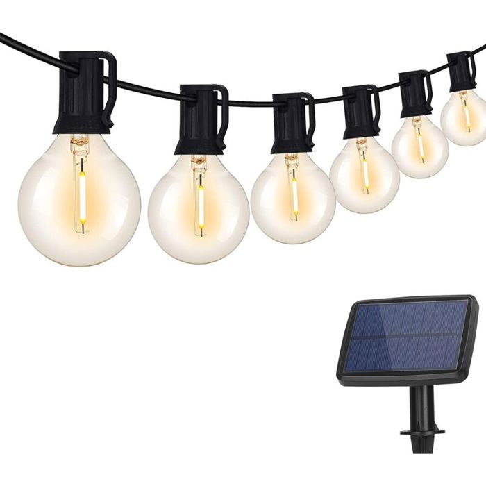 Guirlande lumineuse Solaire Extérieur 7.6M G40 LED Guirlande lumineuse avec 12+1Ampoules 4 modes dÉclarage Etanche IP65 Blanc Chaud