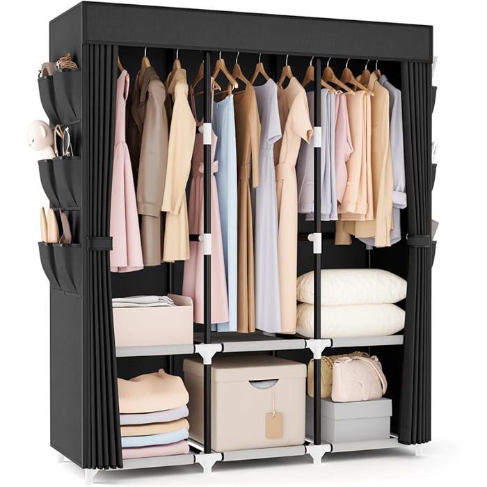 Armoire en Tissu Wardrobe Armoire Chambre avec 3 tiges de Suspension Tube Noir 6 étagères de Rangement et Poches PENDERIE SOUPLE