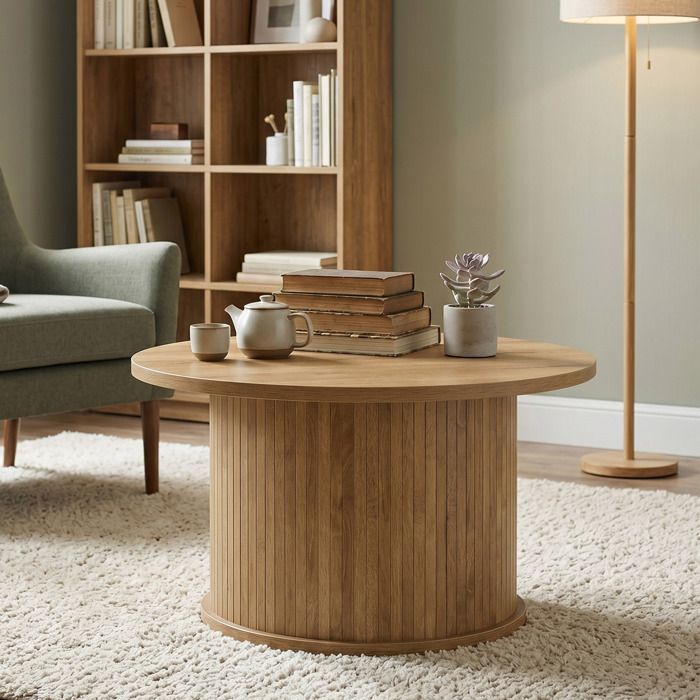 Table Basse Ronde Design Tambour Style Mid-Century Modern pour Salon 80 x 80 x 45 cm Marron