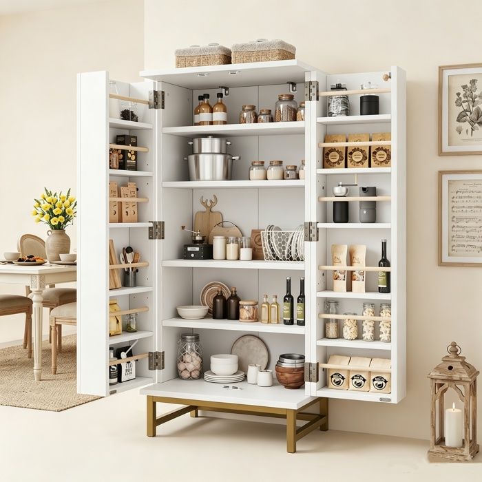 Armoire Buffet de Cuisine Garde-Manger 60×40×130 cm avec Étagères Réglables Meuble Rangement pour Salle à Manger Salon Blanc et Or