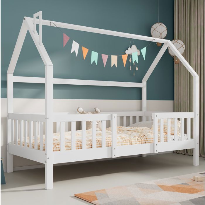 Lit cabane enfant 90x200 cm avec sommier à lattes en bois blanc sans matelas