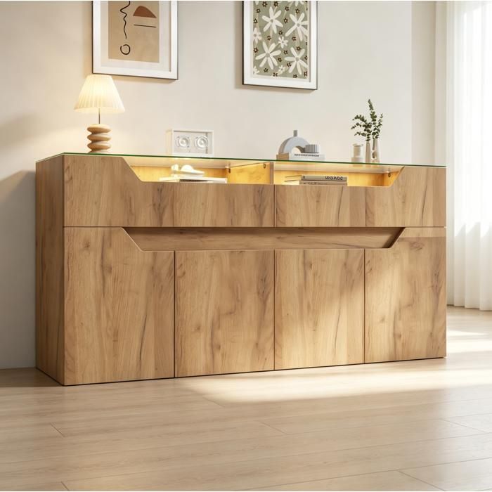Buffet bas 140 x 40 x 70 cm en MDF finition bois naturel plateau en verre trempé 2 tiroirs
