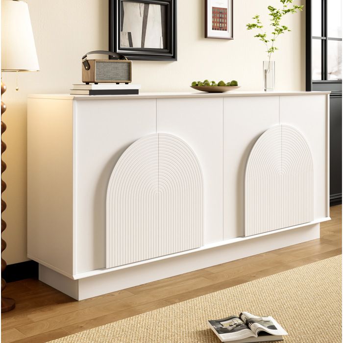 Buffet blanc 4 portes 160 cm en MDF mat avec portes arquées et étagères intérieures pour salon ou salle à manger