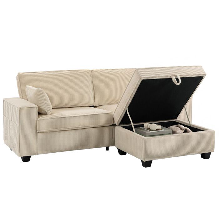 Canapé dangle - HOMCOM - 3 places - pouf de rangement - assise large 2 coussins - velours côtelé - 216 x 151 x 94 cm - beige