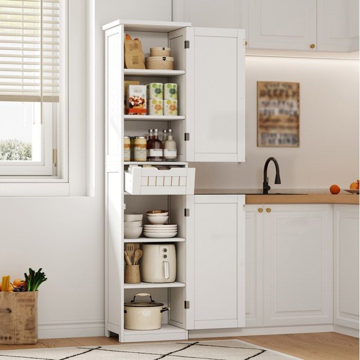 WUVRIE Colonne de rangement cuisine 170 cm MDF blanc 2 portes 1 tiroir 4 étagères réglables