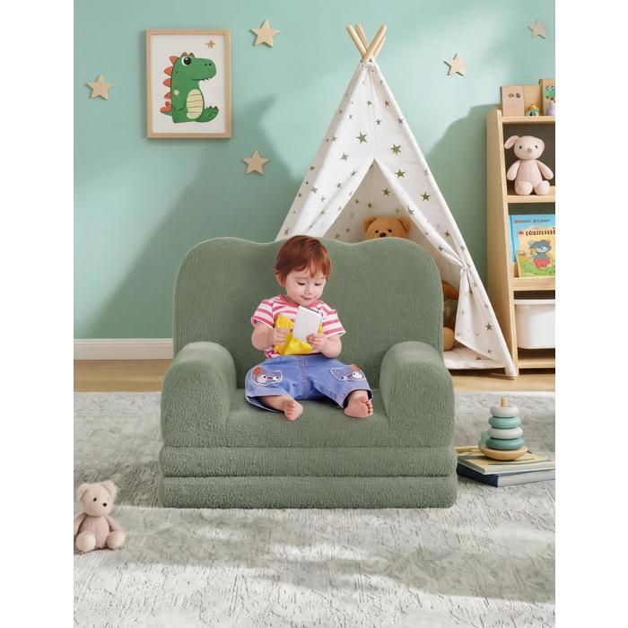 Canapé enfant 2-en-1 convertible – Fauteuil pliant en mousse – Tissu peluche doux – Sofa confortable – Vert