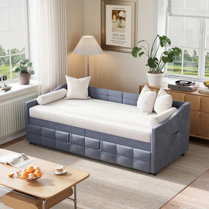 Lit gigogne 90x200 cm gris avec canapé convertible cadre rembourré en velours sommier à lattes lit banquette double extensible