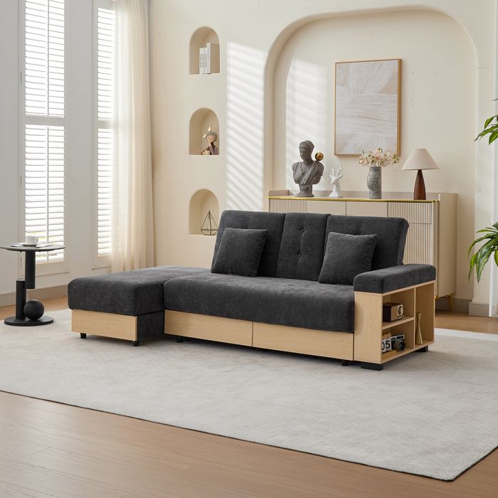 Canapé d’angle convertible AESVAR 3 places en chenille grise 217 x 110 x 90 cm avec rangement