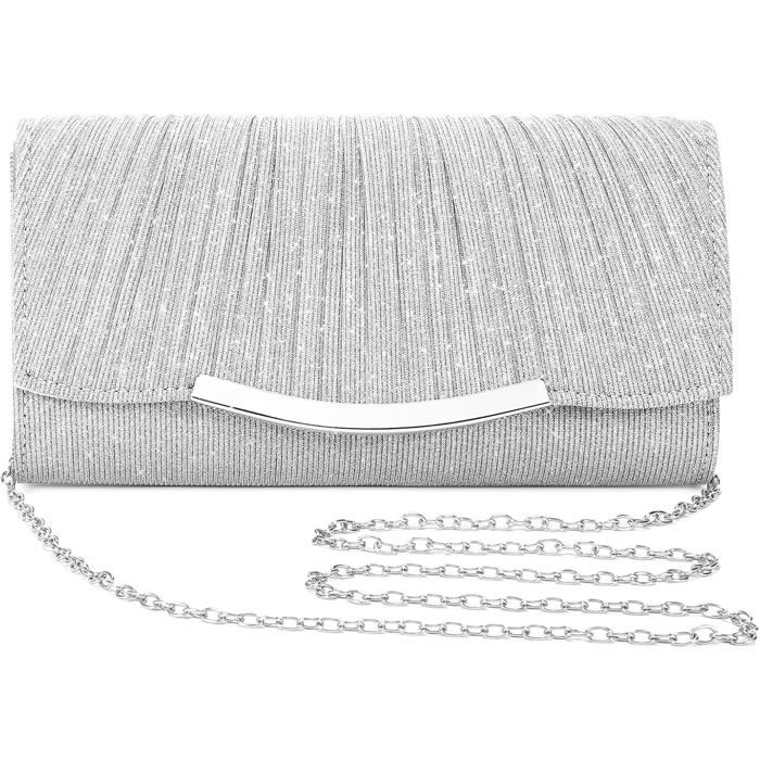 Pochette Femme Argentée - 1 Unité - Tissu Pailleté - Chaîne Amovible - Mariage Bal Soirée - 23x12 5x5cm PONTON FLOTTANT