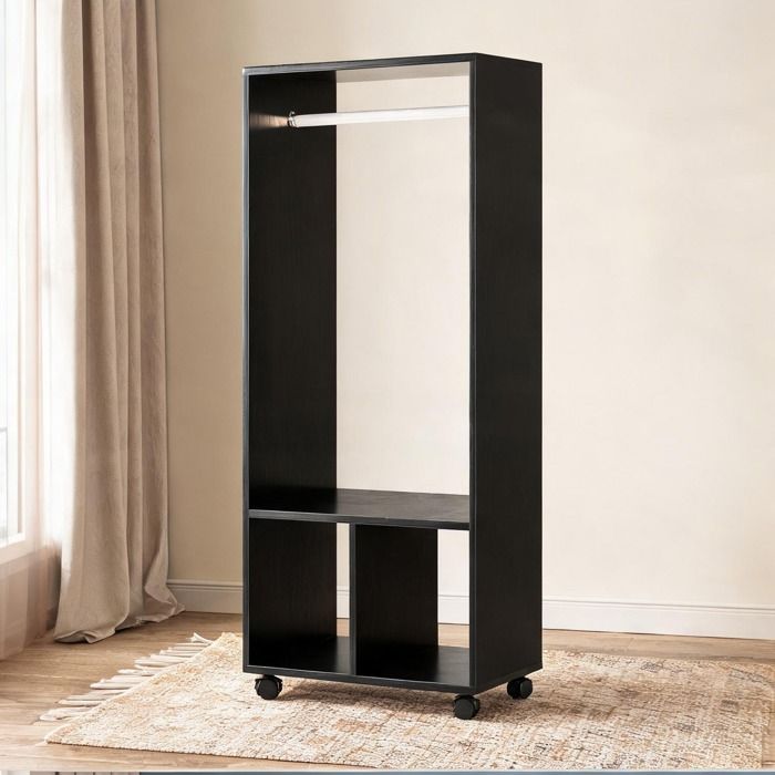 Armoire ouverte noire à roulettes avec penderie 2 niches et étagère 60 x 40 x 128 cm pour chambre ou entrée