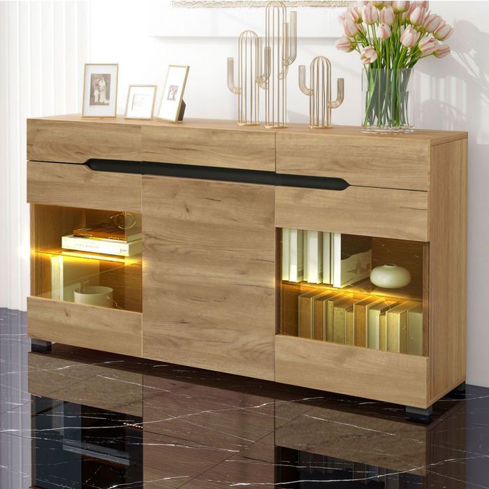 Buffet LED en chene 140 x 35 x 80 cm – 3 portes 3 tiroirs rangement salon