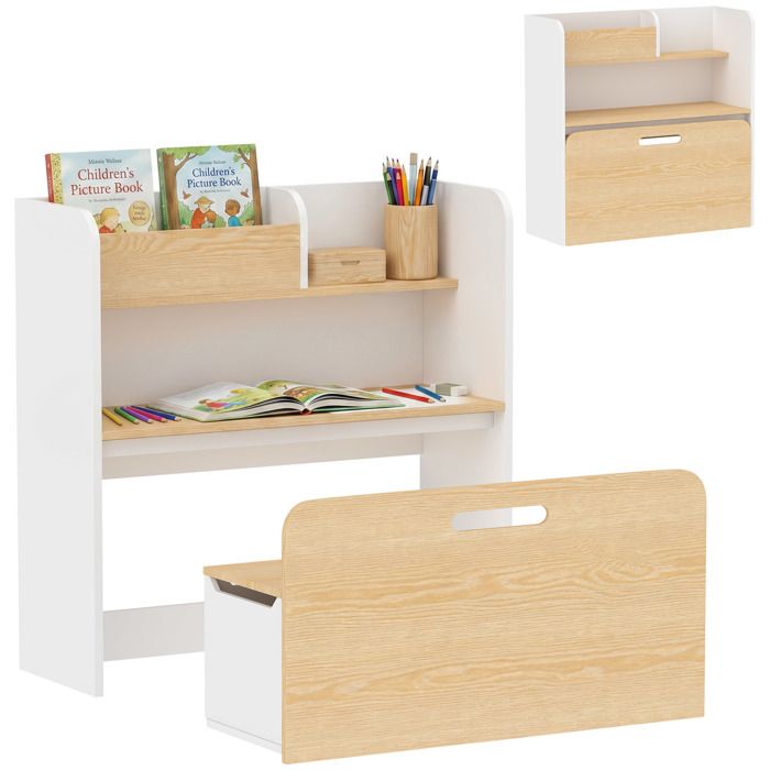 Bureau et chaise pour enfant - AIYAPLAY - 5 en 1 - bibliothèque et banc coffre à roulettes - bois - 80x40x80cm - blanc Bureau et chaise pour enfant - AIYAPLAY - 5 en 1 - bibliothèque et banc coffre à roulettes - bois - 80x40x80cm - blanc