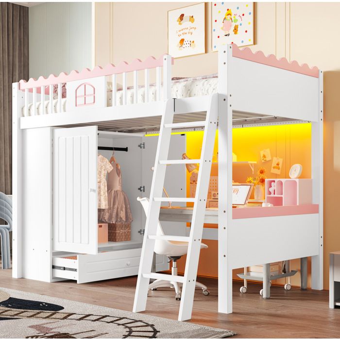 Lit mezzanine enfant AESVAR 90 x 200 cm avec armoire tiroir et LED pin et MDF blanc et rose