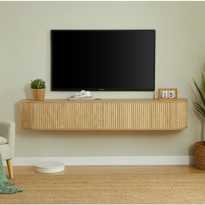 WOVREO Meuble TV suspendu 180 cm rangement fermé passage de câbles charnières amorties bois naturel