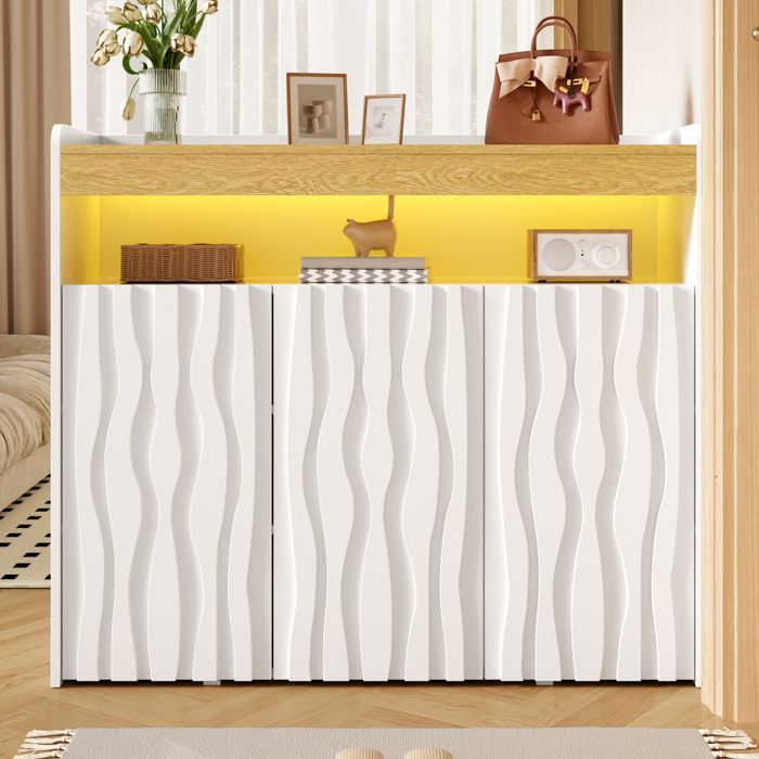 Meuble à Chaussures Buffet avec LED 3 Portes Façades 3D Ondulées 105 × 35 × 90 5 cm Blanc/Bois Meuble à Chaussures Buffet avec LED 3 Portes Façades 3D Ondulées 105 × 35 × 90 5 cm Blanc/Bois
