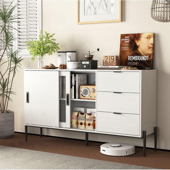 Buffet bas blanc AESVAR en panneaux de particules 2 portes en verre strié et 3 tiroirs 155 cm