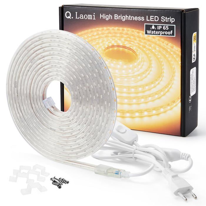 Ruban LED 6 Mètres avec Interrupteur 220V 230V Bandeau LED IP65 étanche Bande LED Blanc Chaud