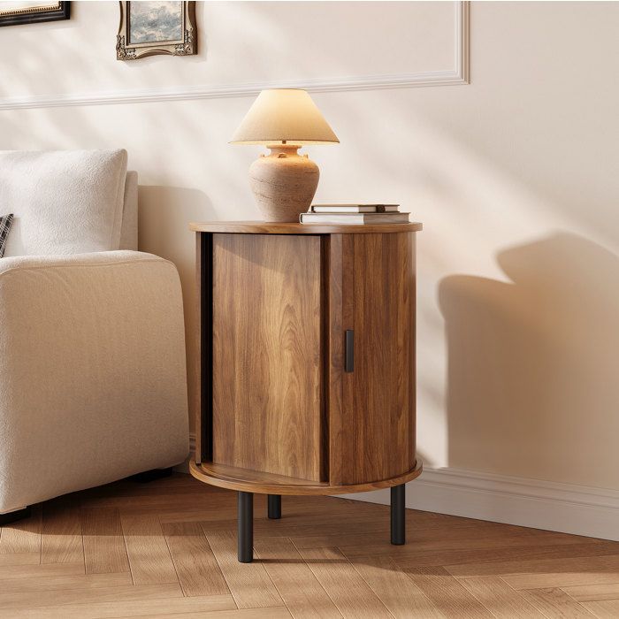 Table dappoint ronde – Noyer – porte coulissante – pieds métal noirs – 48 x 48 x 65 cm