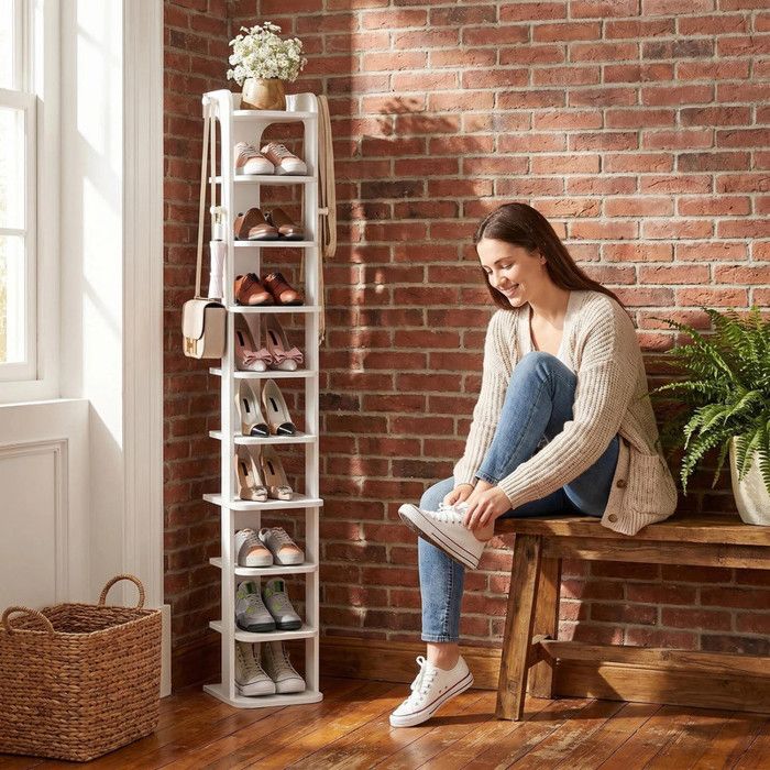 Étagère à chaussures blanche à 10 niveaux avec crochets design en bois réglable étagère de rangement gain
