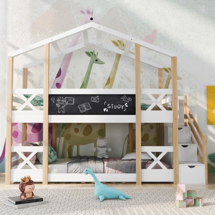 lit cabane dans l'arbre avec rangement et protection contre les chutes lit mezzanine 90 x 200 cm pour enfants - naturel et blanc